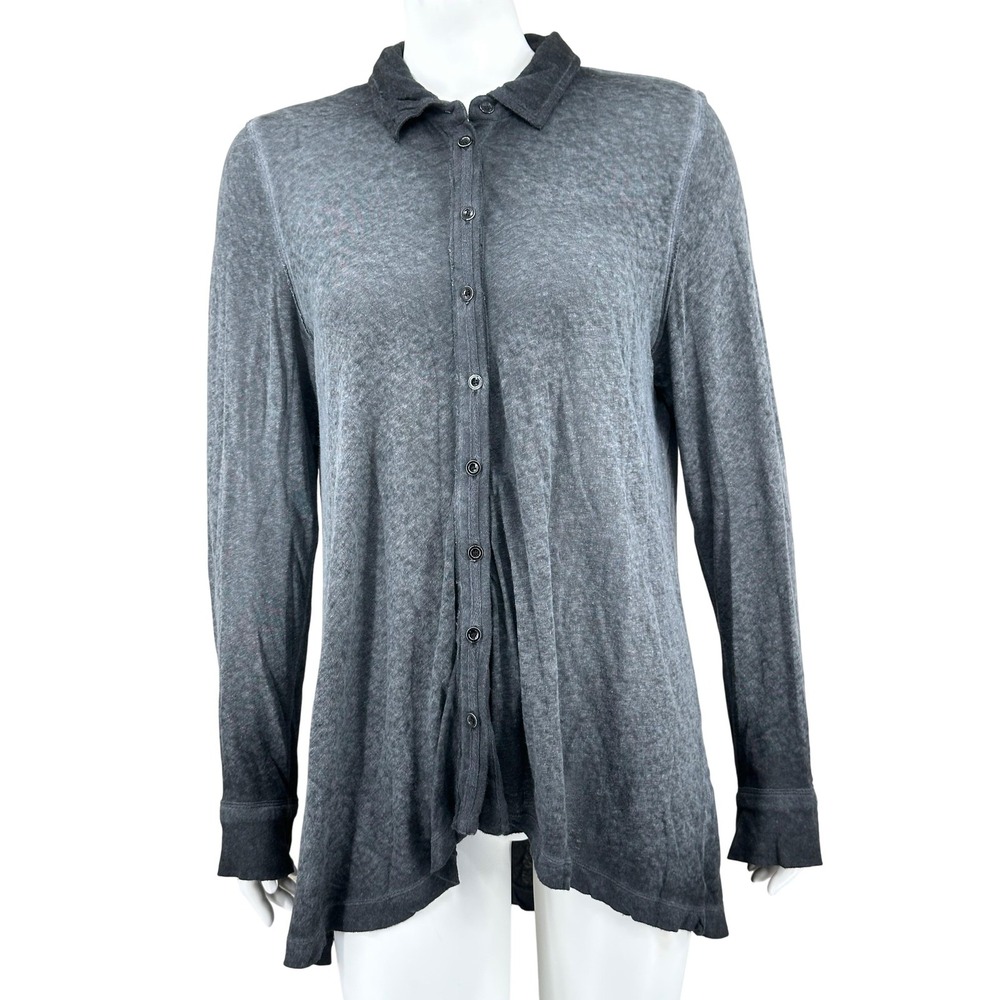 We The Free People Top Women Medium Gray Black Button Up Tunic Long Sleeve Sheer